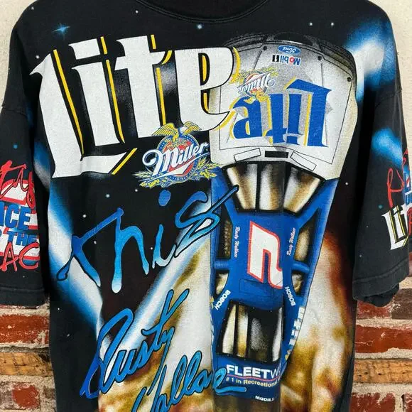 Vintage Rusty Wallace Shirt Large Black AOP Lite It Up Miller NASCAR Racing 1997